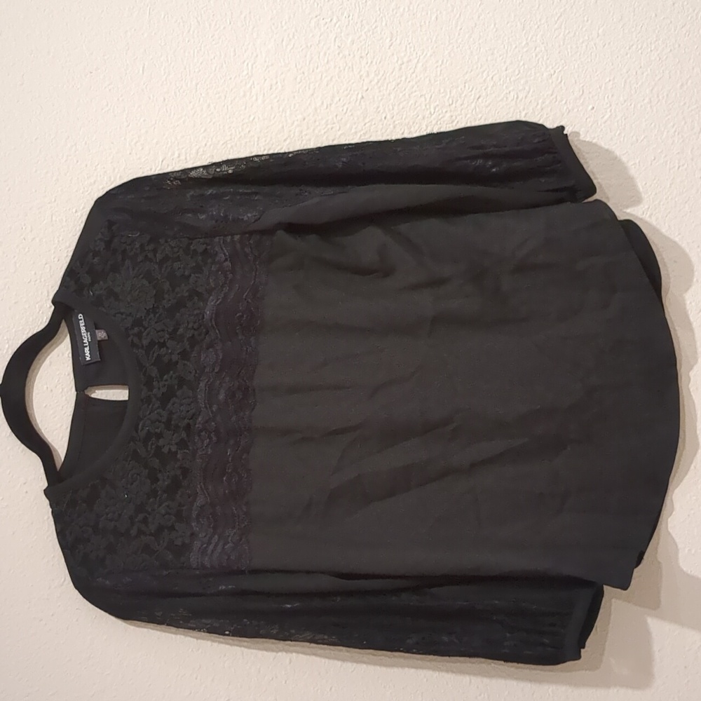 Karl Lagerfeld Paris Black Long Sleeve Blouse Lace Accents Size XS